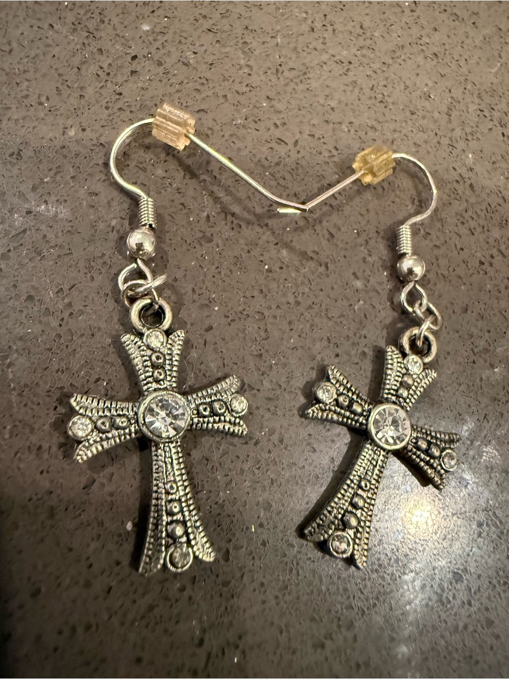 Silver Cross Dangle Earrings with Clear Crystal Accent-Chrome Heart Inspired